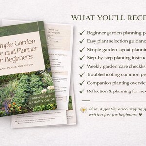 May include: A Simple Garden Guide and Planner for Beginners. The cover features a garden scene with text. The guide includes beginner garden planning pages, plant selection guidance, and layout planning.
