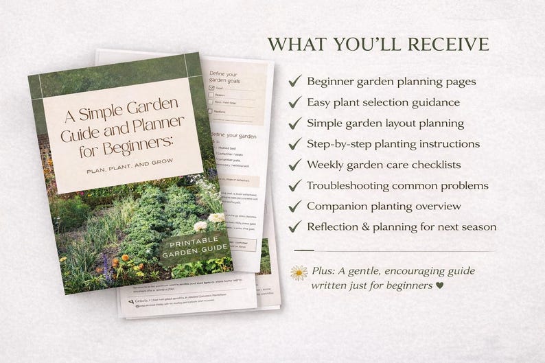 May include: A Simple Garden Guide and Planner for Beginners. The cover features a garden scene with text. The guide includes beginner garden planning pages, plant selection guidance, and layout planning.