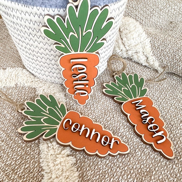 Personalized Carrot Easter Basket Tags | Orange Carrot Shape Wood Tags | Custom Wood Name Tags for Easter | Reusable Carrot Gift Tags