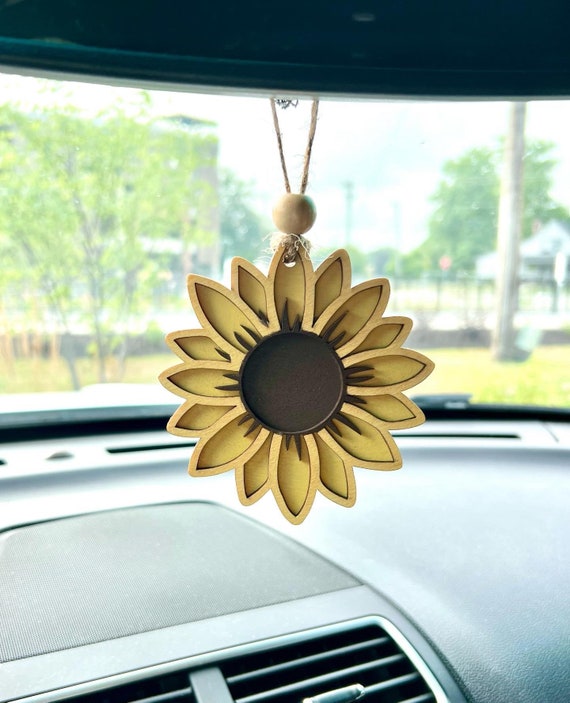 Flower Car Charm Rear View Mirror Charm Sunflower Car Charm Sunflower Wood  Tag 