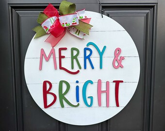 Front Door Decor Merry and Bright Round Wood Sign Christmas Wood Decor Christmas Front Door Decor Christmas Door Sign Merry Christmas Sign