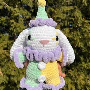 Bunny in jester outfit medium size plushie - cone hat jester bunny - super soft crochet plushie