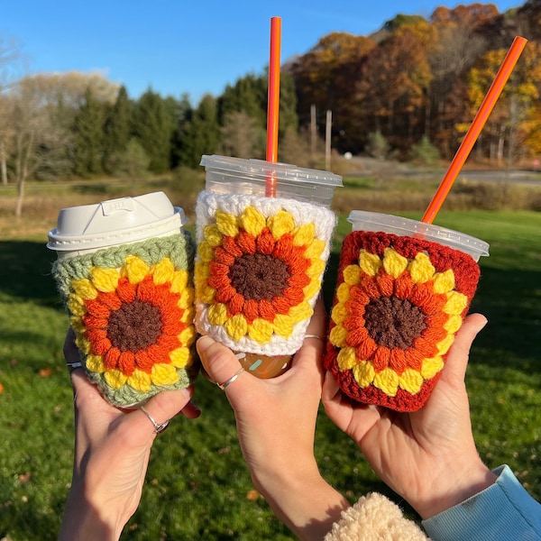 Crochet sunflower granny square cup cozy - crochet cup sweater