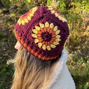 Sunflower beanie hat - maroon orange and yellow floral granny square hat - made with cotton yarn