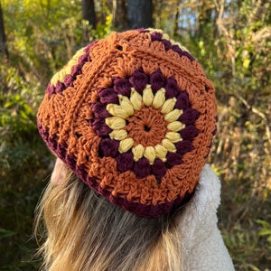 Sunflower beanie hat - rust orange and yellow floral granny square hat - made with cotton yarn