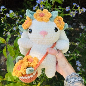 Sunflower bunny plushie - bunny with sunflower crown and sunflower basket - handmade crochet plushie - super soft plushie