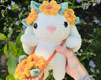 Sunflower bunny plushie - bunny with sunflower crown and sunflower basket - handmade crochet plushie - super soft plushie