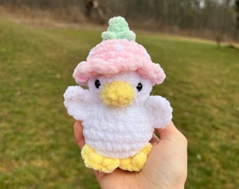 Mini baby duck in strawberry hat - super soft crochet plushie- duckling plushie