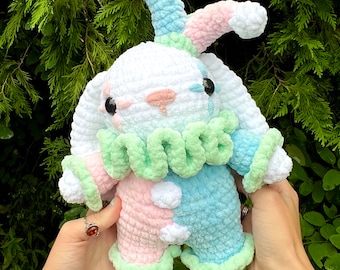 Bunny in jester outfit medium size plushie - pastel jester bunny - super soft crochet plushie