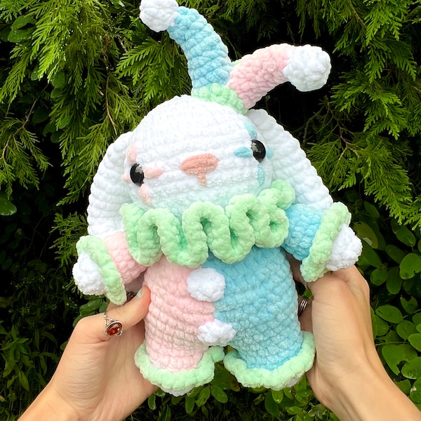 Bunny in jester outfit medium size plushie - pastel jester bunny - super soft crochet plushie