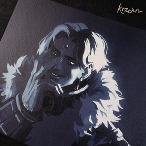 May include: A black and white illustration of a person with white hair, wearing a fur-trimmed collar and a choker. The person is looking at the viewer with a smirk and has a hand covering their eye.