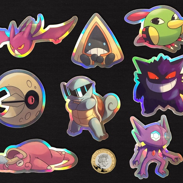 Pokemon Holographic Vinyl Stickers Set : Squirtle, Sableye, Gengar, Slowpoke, Lunatone, Crobat, Snorunt, Natu