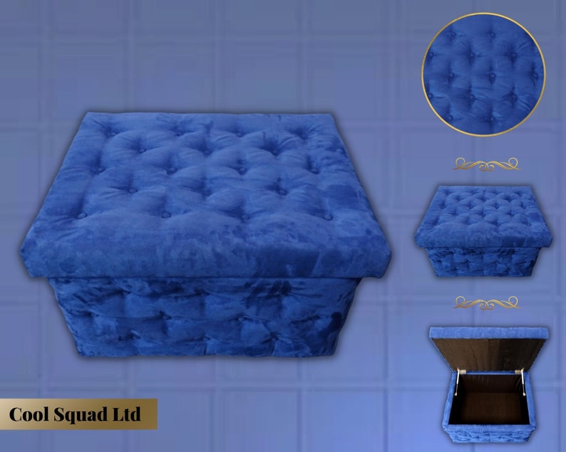 Hand Made Blue Velvet Upholstered Footstool Storage Pouffe Hand Made Blue Velvet Upholstered Footstool Storage Pouffe