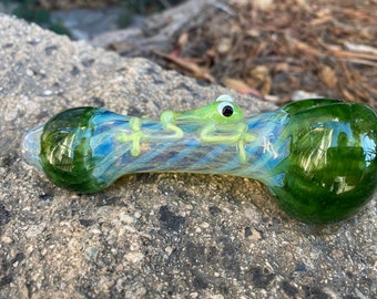TOBACCO GLASS 4.5” Green fume Glass Pipe With frog critter (Handmade)