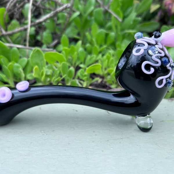 TOBACCO GLASS 6” Black Sherlock Glass Pipe With Pink Octopus Critter.(Handmade)