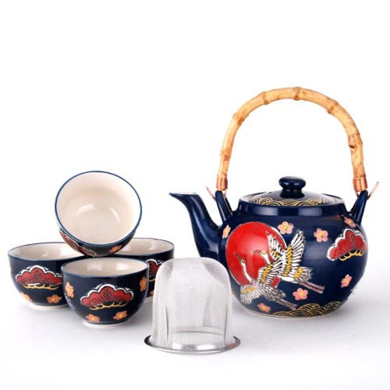 Japanese Crane Design Top Handle Style Porcelain Tea Set 25 Fl Oz Teapot With Rattan 4 Cups