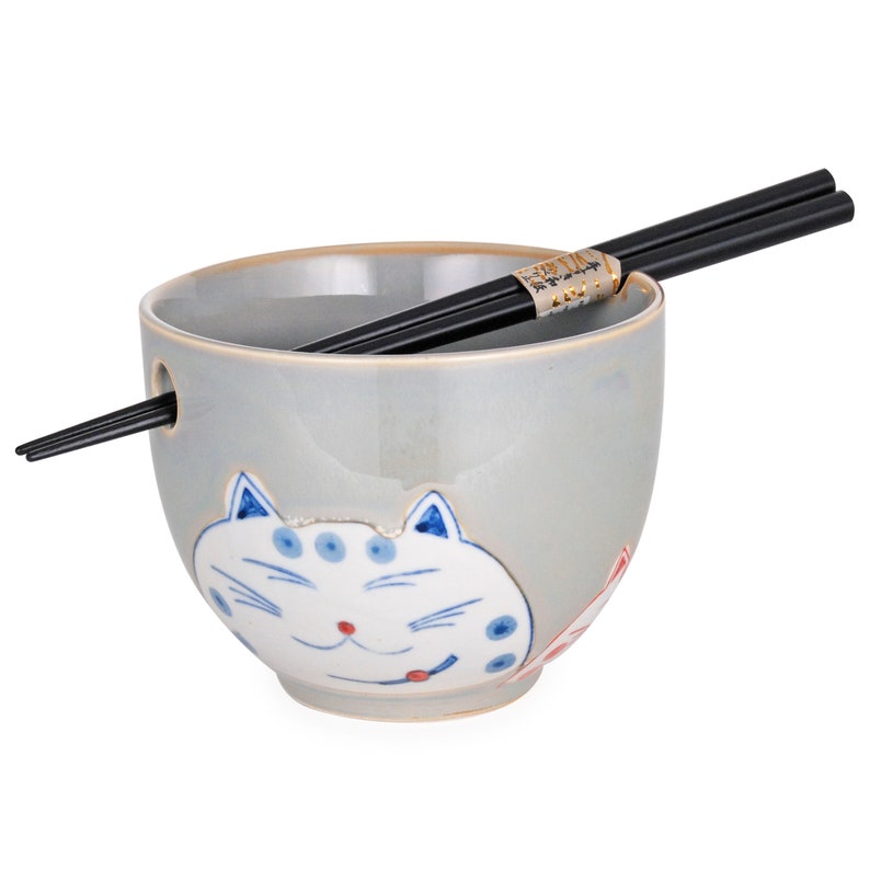 Handpainted Neko Cats Design Quality Porcelain Japanese Ramen Udon Noodle Bowl with Chopsticks Gift Set 5 Inch Diameter 14 fl oz