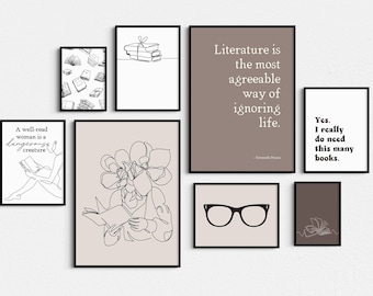Set of 8 Cozy Book Lover Wall Art Printable, Dark Academia Library Decor, Reading Nook Aesthetic, Neutral Bookish Prints, Gift for Readers