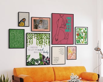 printable eclectic body positivity wall art | SET OF 8 |free bonus print | eclectic wall art print | self love art bundle | maximalist art