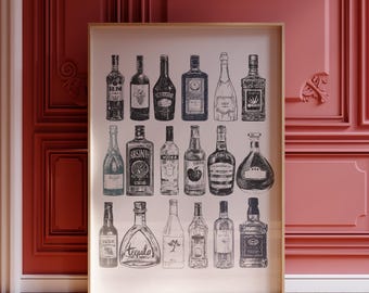 May include: A rectangular wall art print featuring a black and white ink illustration of seventeen distinct liquor bottles arranged in three rows. The artwork displays various bottle shapes, labels, and glass textures on a plain white background.