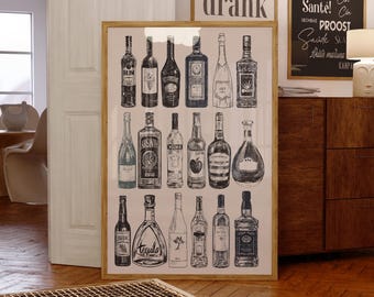 printable bar wall art | bar art gallery wall prints | bar cart vintage liquor bottles art print | black & white decor | home bar wall art
