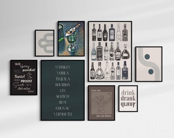 afdrukbare kunstprints voor thuisbars | SET VAN 8 | bar kunstprint aan de muur | barwagen decor | trendy baraccessoires | decoratie voor thuisbar | kunst bundel