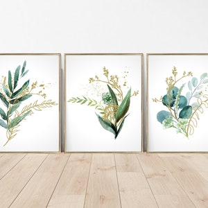Printable Green and Gold Botanical Wall Art, SET OF THREE, Watercolor Gold and Greenery with Eucalyptus, Digital Download Wall Art Print