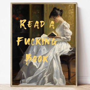 lees een verdomd boek | afdrukbare feministische kunstprint | veranderde kunst | boekenliefhebber afdrukken | maximalistische kunst | eclectische inrichting | boekenachtige kunst aan de muur
