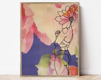 Printable Eclectic Woman Line Art, Body Positivity Poster, Maximalist Positive Self Wall Art Print, Floral Woman Drawing, Watercolor Flowers