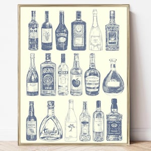 afdrukbare bar kunst aan de muur | bar kunstgalerie muurafdrukken | vintage drankflessen kunstprint | blauw vintage barwagendecor | accessoires voor thuisbars