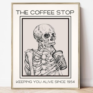 Printable Coffee Bar Wall Art, Skeleton with Coffee Art Print, Home Coffee Bar Trendy Wall Decor, Kitchen Wall Art, Coffee Art Print