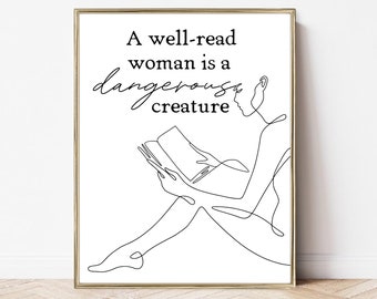impresión de arte librero / imprimibles amantes de los libros / descarga digital / arte de la pared amante de los libros / una mujer culta es una criatura peligrosa / arte lineal