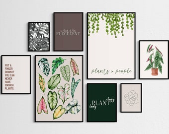 May include: A collection of eight framed prints featuring plant-themed designs. The prints showcase a variety of plants, including succulents, monstera leaves, and string of pearls. The prints also include text such as "What the Succulent", "Put a finger down if you can never have enough plants", "Plants > People", "Crazy Plant Lady", and "Plant Lady".