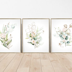 Printable Boho Floral Botanical Wall Art, SET OF THREE, Watercolor Flowers and Greenery with Eucalyptus and Roses, Pink Green and Gold Print