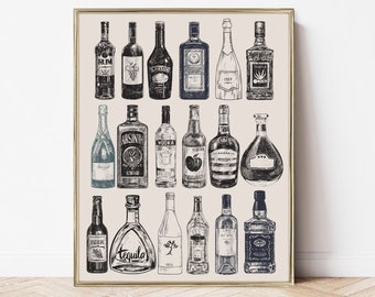 May include: A framed print featuring a collection of sketched liquor bottles. The artwork includes bottles of rum, wine, champagne, vodka, tequila, and whiskey, among others. The illustrations are in black and white, with a beige background and a gold frame.