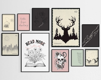 set of 10 bookish wall art prints | digital download | acotar wall art | hello feyre darling printable | crescent city throne of glass print