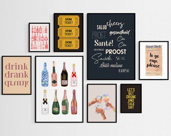 afdrukbare kleurrijke kunstprints voor thuisbars | SET VAN 8 | bar kunstprint aan de muur | barwagen decor | trendy baraccessoires | bar kunstdecorbundel