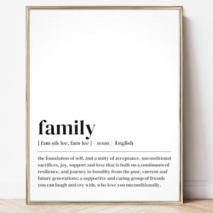 Può includere: Arte da parete stampabile in bianco e nero con una definizione della parola "famiglia". La definizione recita: "il fondamento di se stessi, e un'unità di accettazione, sacrifici incondizionati, gioia, supporto e amore che si basa su un continuum di resilienza, e un viaggio nell'umiltà dal passato, dal presente e dalle generazioni future; un gruppo di amici solidali e premurosi con cui puoi ridere e piangere, che ti amano incondizionatamente."