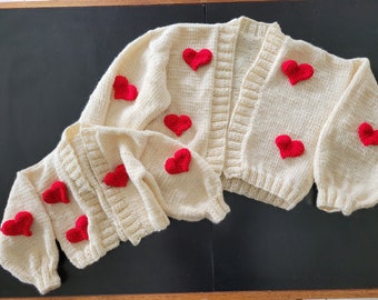 Heart knitted Cardigan, Mother Daughter set, chunky cardigan for woman. Warm and chunky sweater for girls with hearts knitted appliques.