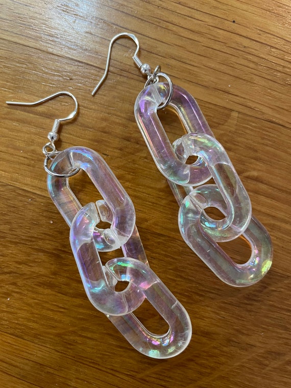 Iridescent Plastic Chain Earrings Etsy