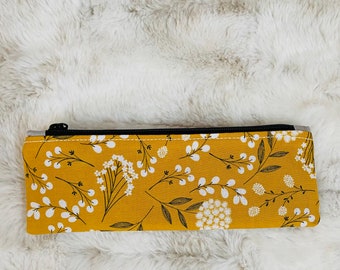 Cheerful yellow slim pencil pouch, delightful organizer bag for purse, practical gift for her, fabric case for your reusable cutlery