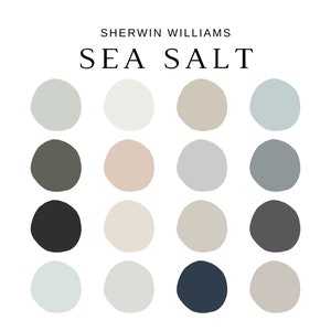 Puede incluir: Una paleta de colores con diecis&eacute;is muestras de pintura en una variedad de tonos neutros. El texto "SHERWIN WILLIAMS" y "SEA SALT" se muestran en la parte superior de la imagen.