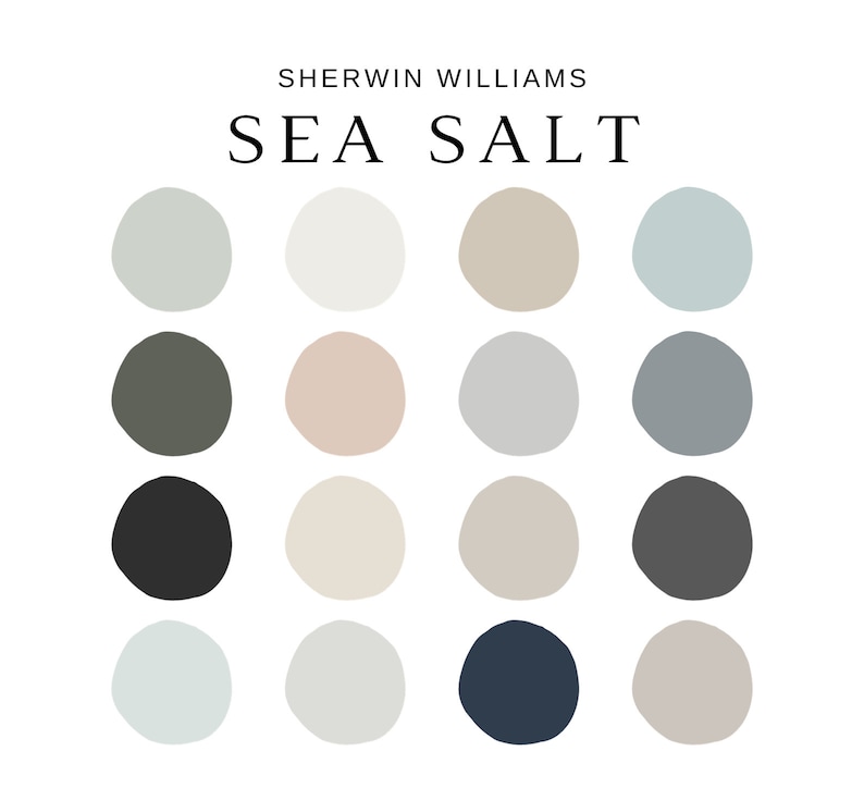 Puede incluir: Una paleta de colores con diecis&eacute;is muestras de pintura en una variedad de tonos neutros. El texto "SHERWIN WILLIAMS" y "SEA SALT" se muestran en la parte superior de la imagen.