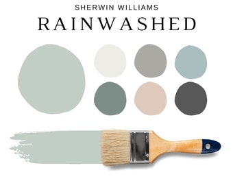 Paleta de colores Sherwin Williams RAINWASHED, colores de casas de playa, paleta de pinturas de granjas costeras, esquema de colores costeros, colores de coordinación