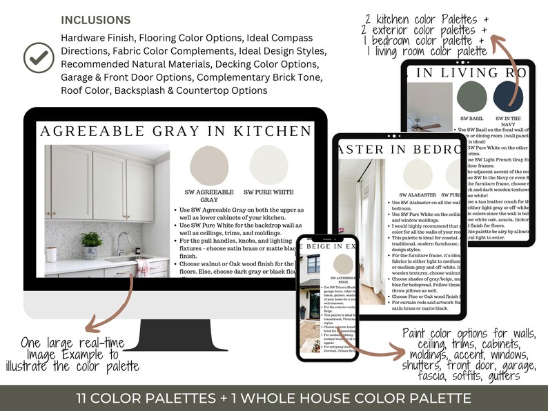 Może przedstawiać: Cyfrowy wyświetlacz palet kolor&oacute;w do projektowania wnętrz. Gł&oacute;wny ekran przedstawia kuchnię z napisem "Agreeable Gray in Kitchen". Dodatkowe ekrany wyświetlają schematy kolor&oacute;w dla sypialni i salon&oacute;w. Obraz zawiera tekst o opcjach kolorystycznych.