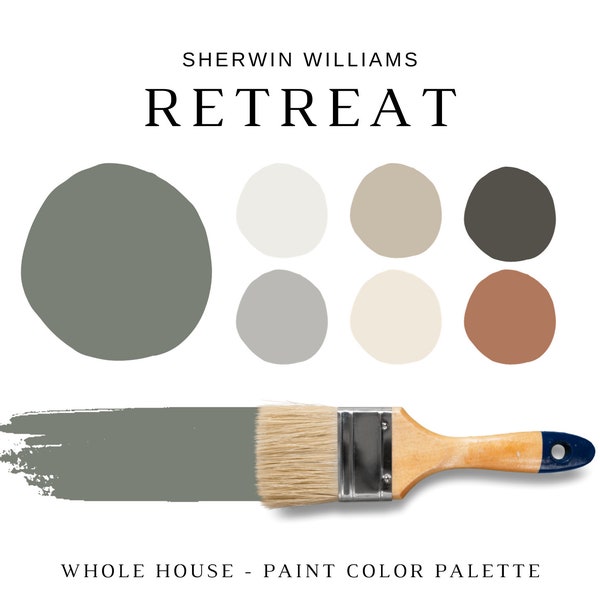 Sherwin Williams RETREAT Paint Color Palette, RETREAT Complementary Colors for the Whole House, Home Paint Colors, RETREAT Green Cabinets