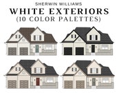WHITE EXTERIOR Sherwin Williams Color Palette, Modern SW Exterior Paint, White Exterior Home Color Scheme, Exterior Design, Exterior Palette