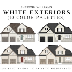 WHITE EXTERIOR Sherwin Williams Color Palette, Modern SW Exterior Paint, Exterior Home Color Scheme, Exterior Design, Exterior House Palette