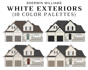 WHITE EXTERIOR Sherwin Williams Color Palette, Modern SW Exterior Paint, Exterior Home Color Scheme, Exterior Design, Exterior House Palette