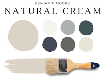 May include: A color palette featuring the words "NATURAL CREAM" and "BENJAMIN MOORE". The image displays a paint brush with a cream-colored stroke, along with a series of color swatches in various shades of gray, blue, and cream. The text reads "WHOLE HOUSE PALETTE - 16 COORDINATING COLORS."